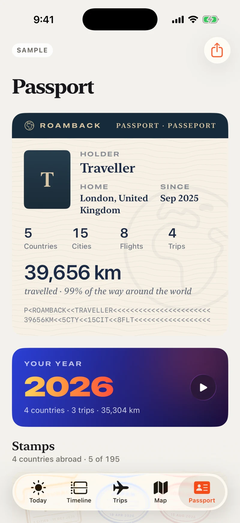 Roamback Passport: a travel document with countries, cities, flights, trips, and passport stamps.