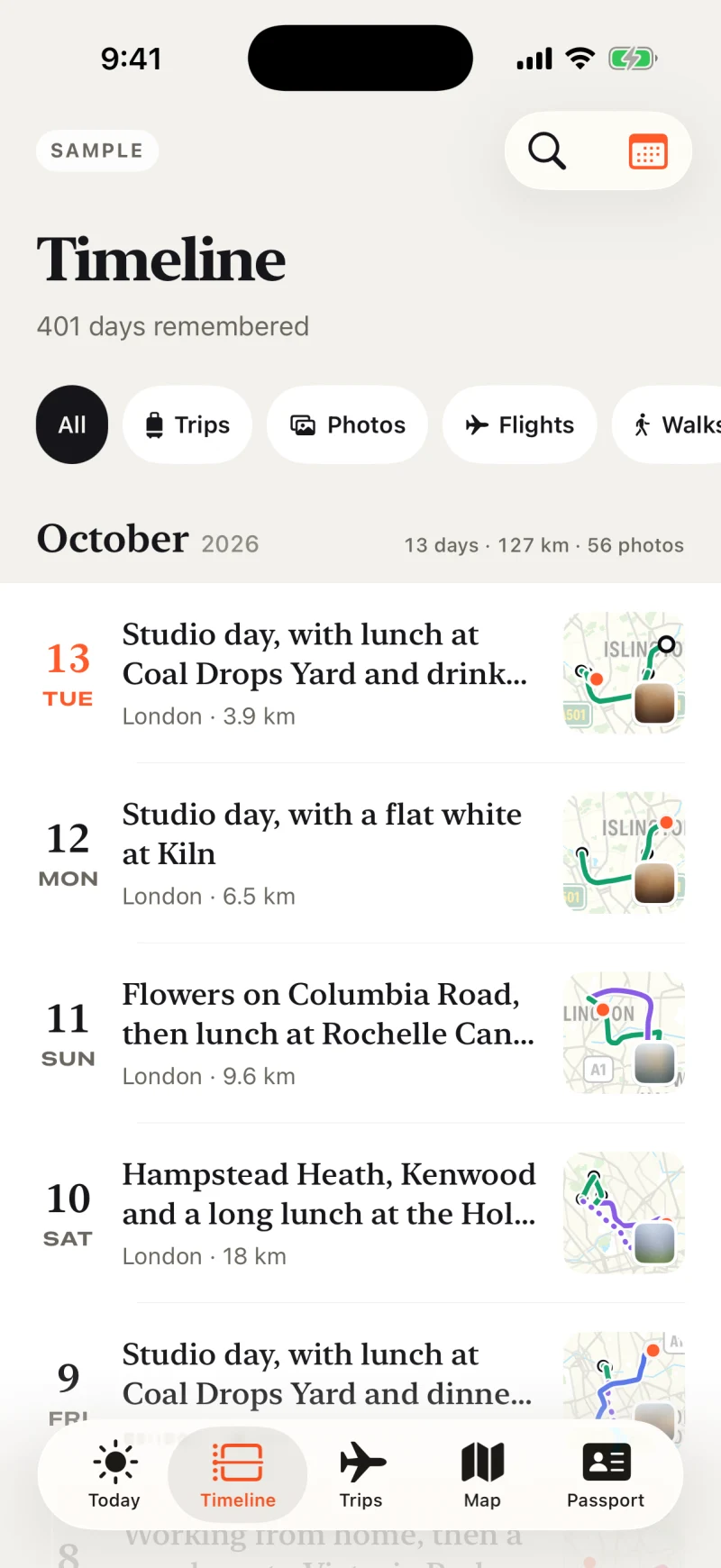 Roamback Timeline: a journal of days in London, with day summaries and route maps.