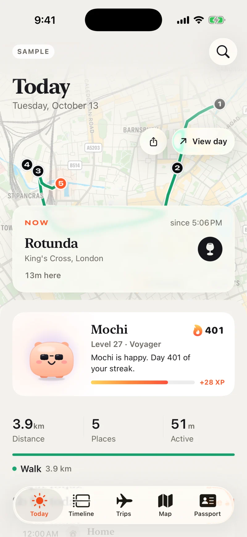 Roamback Today: a map of the day's places, a live stay, and Mochi the Roamie.
