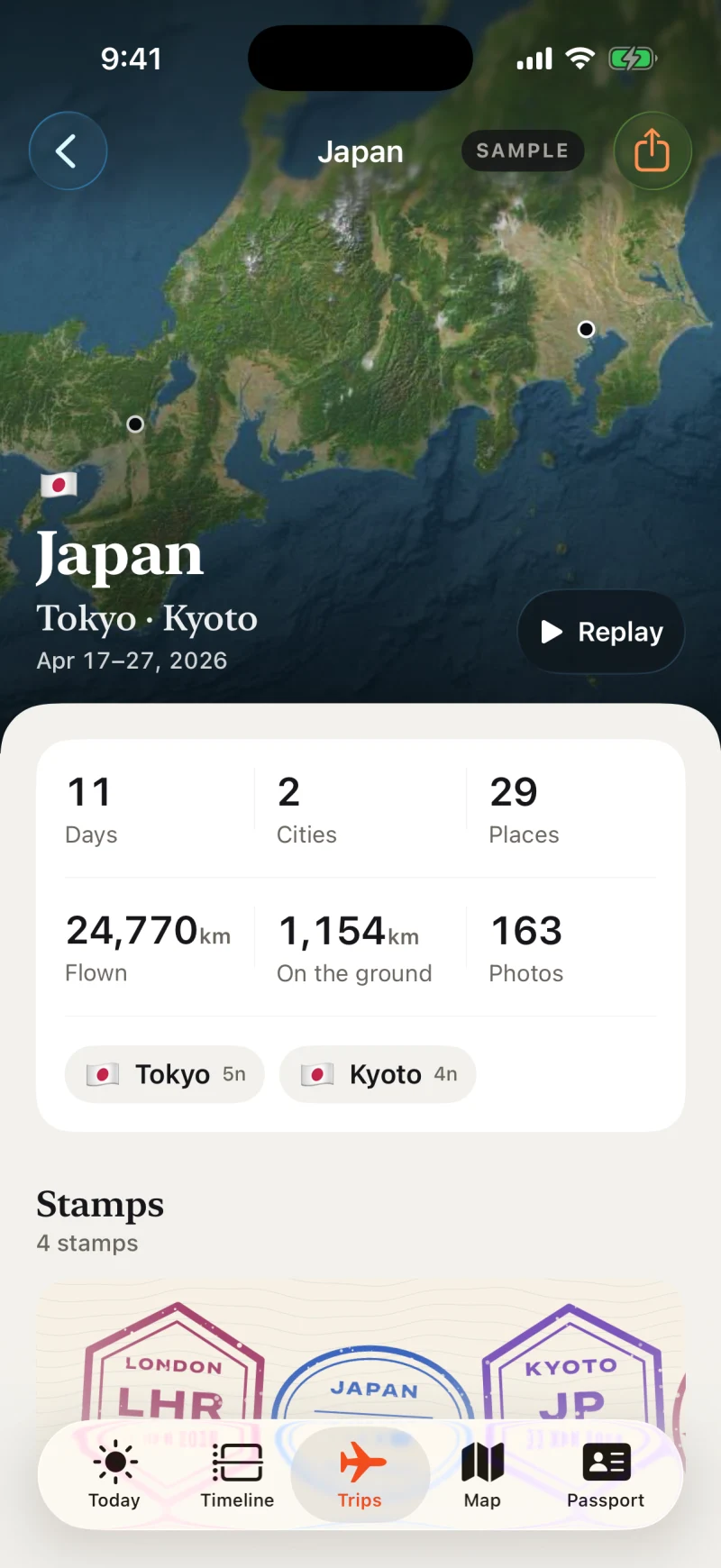 Roamback Japan trip: Tokyo and Kyoto, an animated replay button, travel details, and passport stamps.